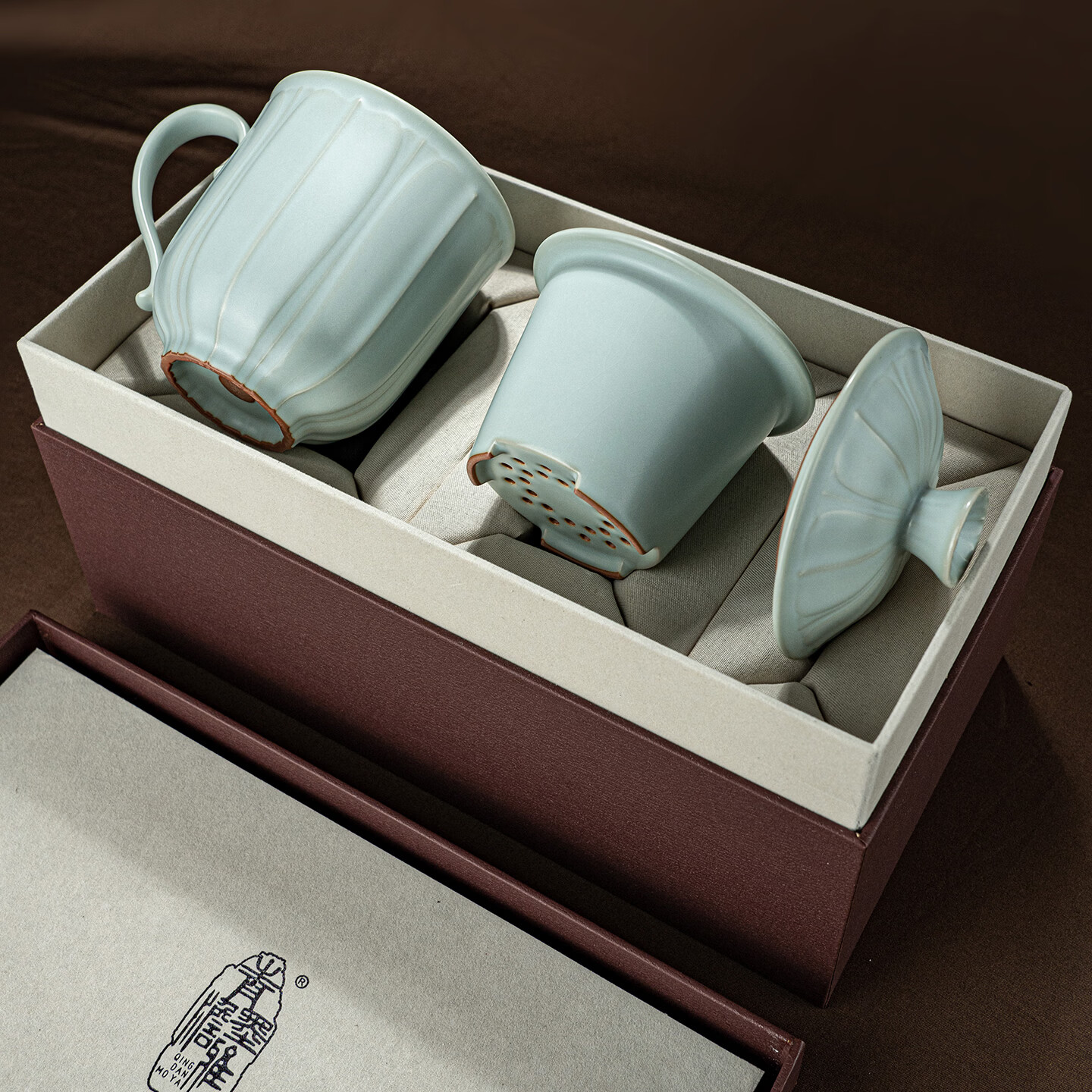 青澹墨雅汝窑茶杯茶具景德镇办公室家用泡茶高档水杯可养纯手工复古汝瓷杯 莲纹办公杯390ml