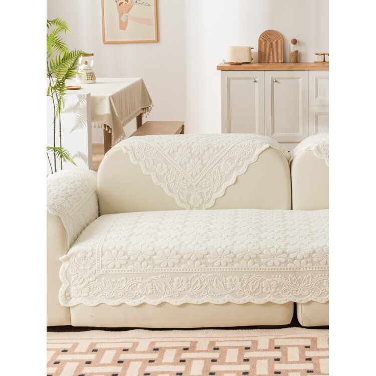 正圣单人沙发巾蕾丝沙发靠背巾加厚防滑四季通用沙发扶手巾盖布茶几巾 小雏菊-米白 65cm*75cm 三角靠背巾：（拍多个默认发连身，