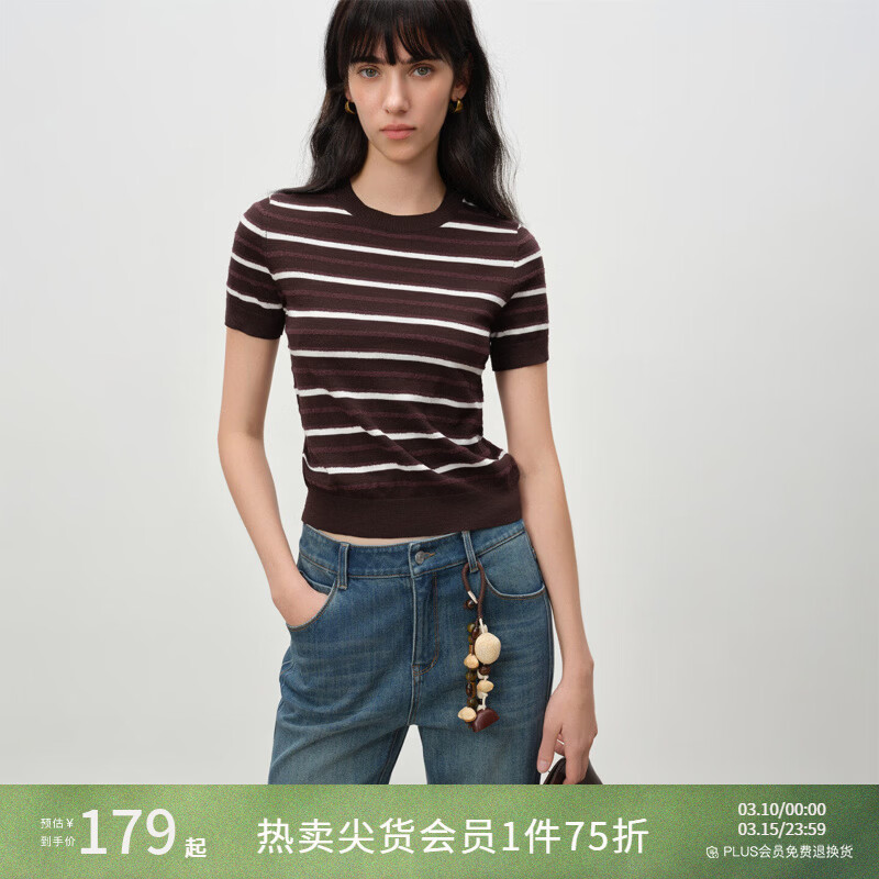 自巧小个子通勤复古撞色条纹圆领针织衫短款上衣女2026年春季新品 棕白条 XXS （尺码：1）