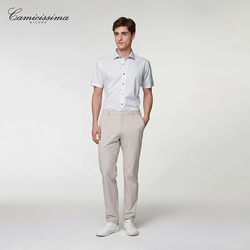 恺米切（CAMICISSIMA）免烫男士短袖衬衫灰白小格商务休闲衬衣男 灰白小格 40