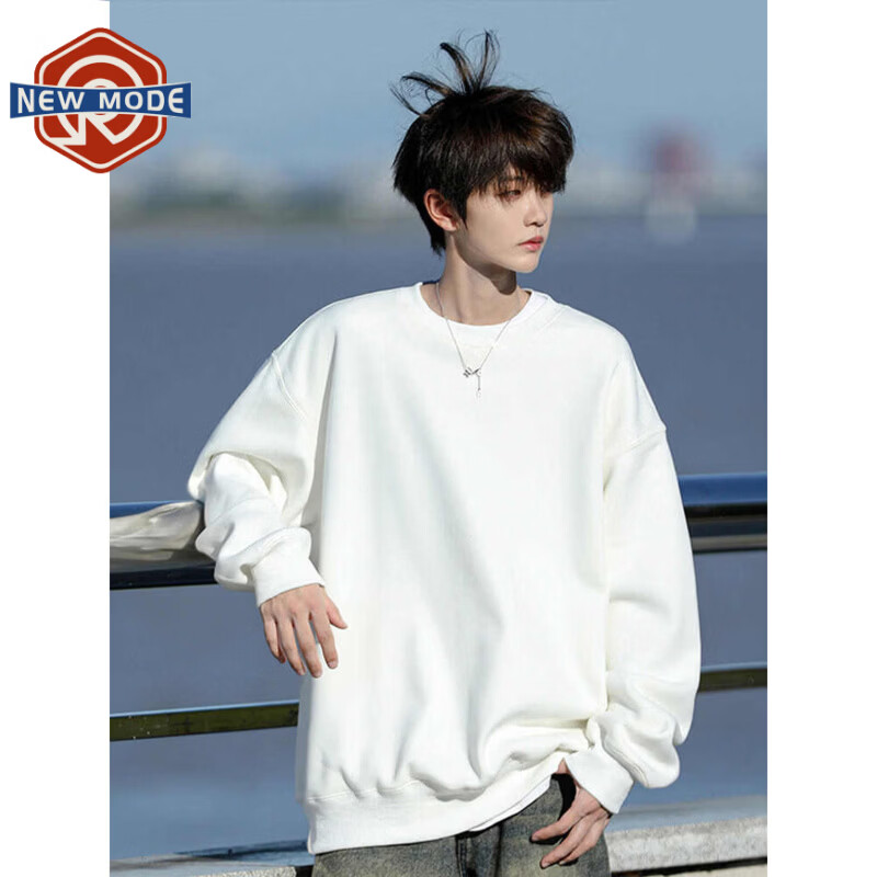 NEW OR MODE美式重磅圆领卫衣男春秋新款复古潮流宽松大码青少年休闲上衣外套 白色【高品质】 M 【建议90-110斤】