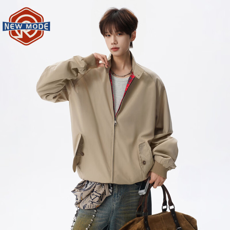 NEW OR MODE美式复古棒球服外套男春秋新款潮牌拉链立领上衣宽松格子拼接夹克 卡其色【高品质】 M 【建议90-110斤】