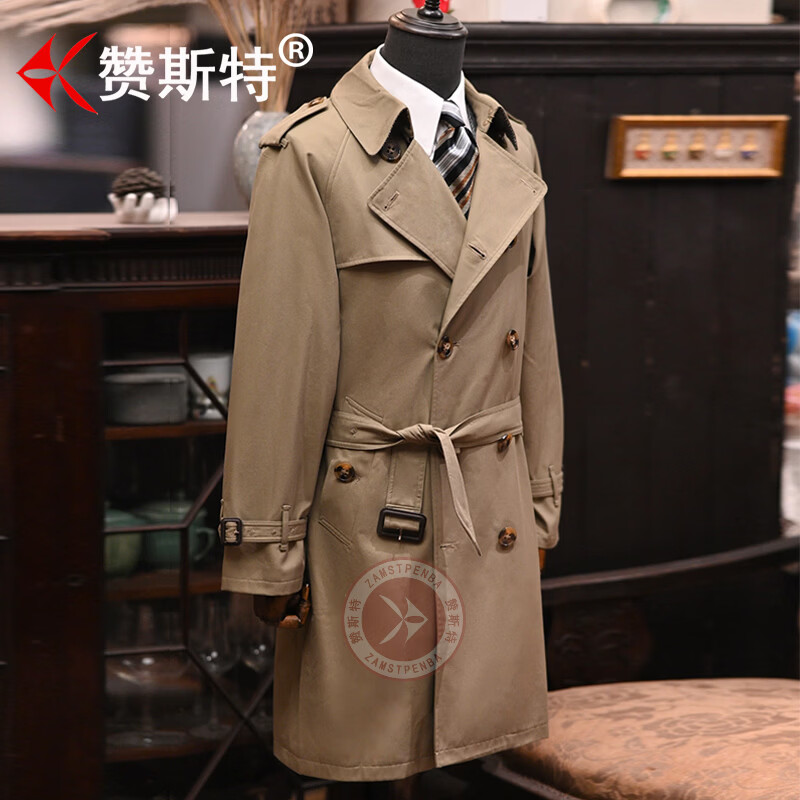 赞斯特品牌春秋季男士trench coat加长款战壕风衣商务休闲大衣 深卡其【长款】 5XL