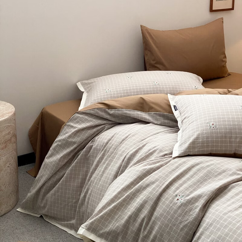 ROLAND LIVE水洗棉格纹绣花四件套简约风全棉被套透气亲肤裸睡床单床笠款套件 YYG 水洗棉格纹四件套-雏菊眠岛 1.5米床 床单款 【被套200*230cm】