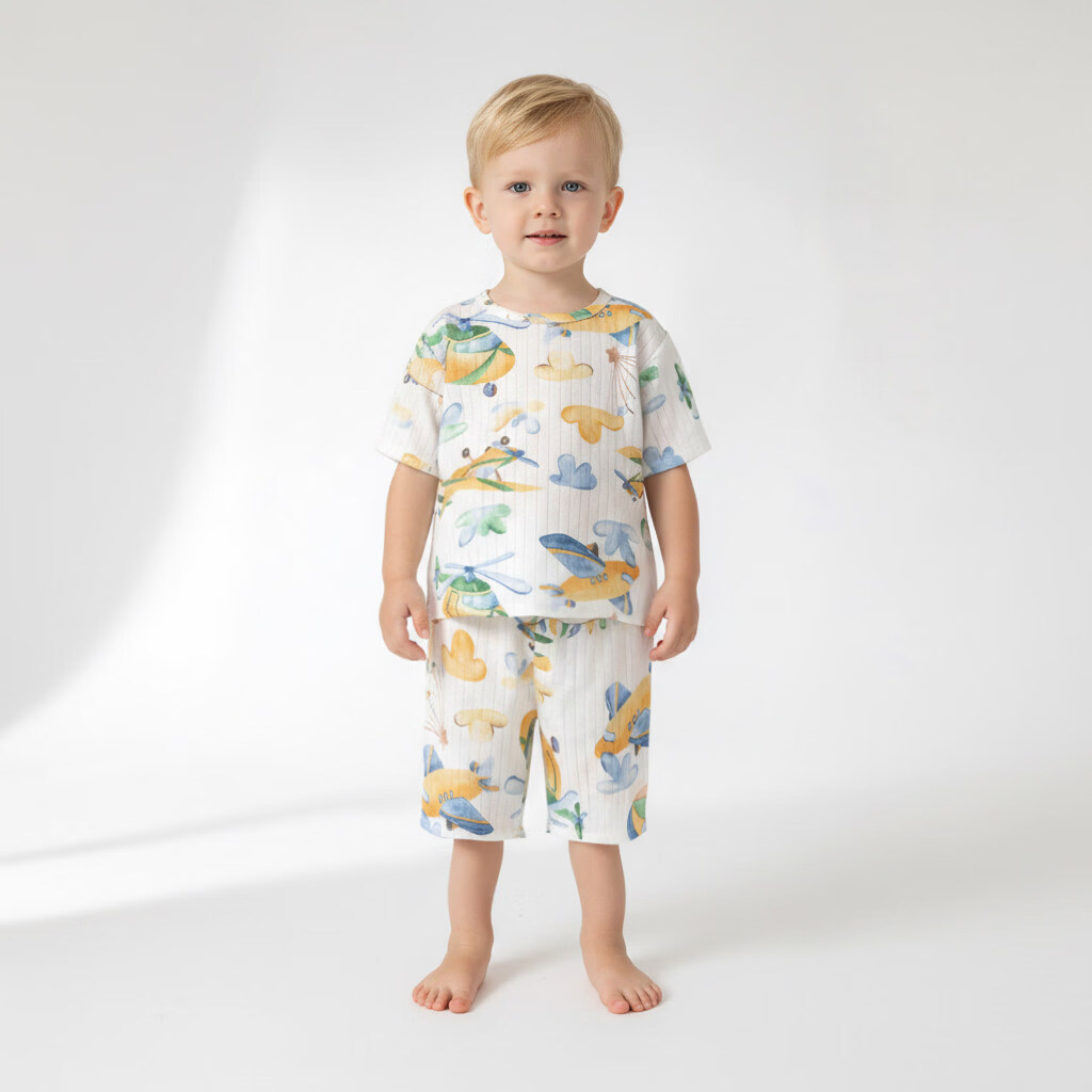 小猪大卫 PECODAVID小猪大卫儿童七分套夏季纯棉A类男女宝宝居家服薄款短袖短裤套装 环球飞行家 100