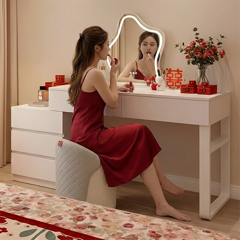 亿家木梳妆台斗柜一体化妆桌子婚房主卧结婚用小户型奶油风轻奢床尾柜 【五斗柜化妆桌】慕岩灰(100-130)cm