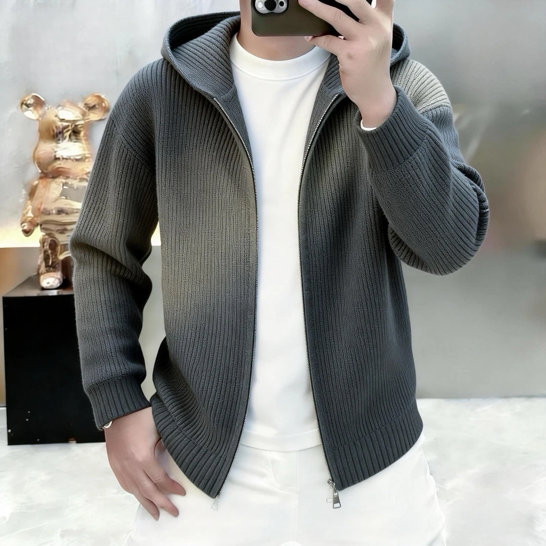 【轻奢正品】2026春秋新款高档连帽针织开衫男简约百搭毛衣外套CF 深灰色 【高档轻奢】 XL 【建议130-150斤】