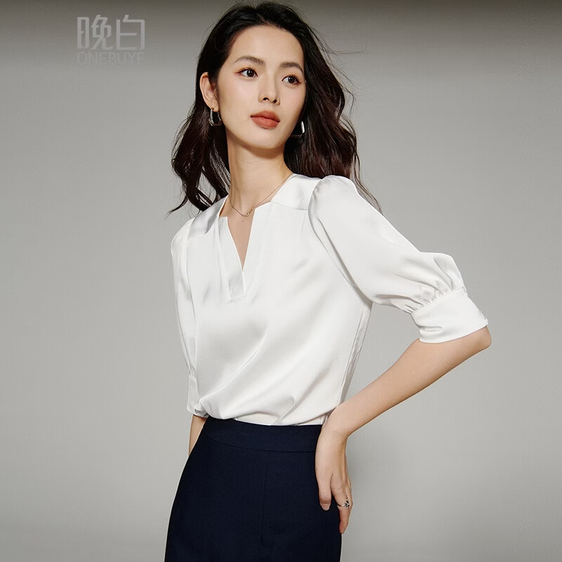 晚白【新品】2026年春款气质通勤职业衬衣轻熟设计感缎面中袖白衬衫女 白色 M