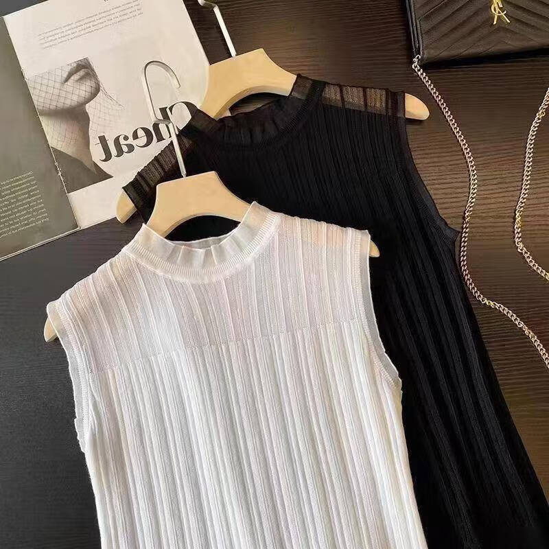 【买1送1】木耳边百搭打底衫女内搭外穿洋气无袖上衣 黑色+白色 2XL (建议140-160斤)