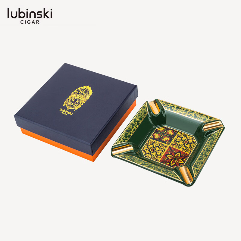 COLIBRI烟具店Lubinski鲁宾斯基雪茄烟灰缸 陶瓷彩绘四槽缸 绿色