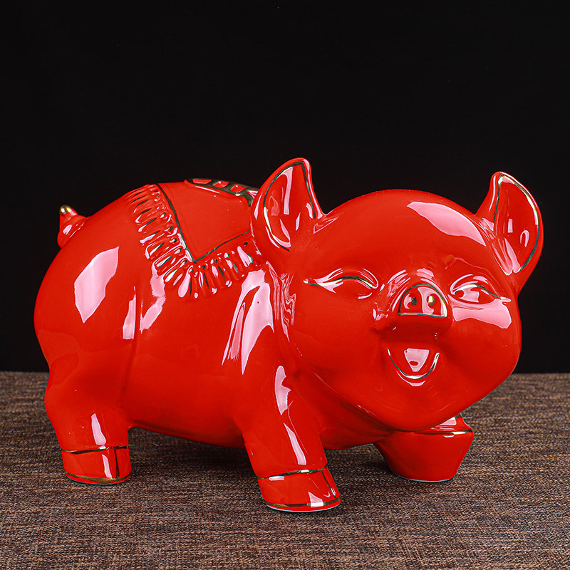 萌趣生肖猪陶瓷存钱罐 纳财进宝创意摆件 客厅玄关开业乔迁好礼 不存不取红色蝴蝶猪18x13x15cm