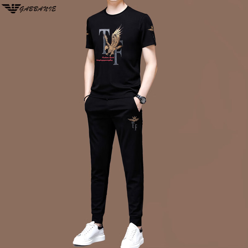 阿玛尼（ARMANI）正品名牌男士休闲运动服套装男夏季桑蚕丝短袖t恤潮男装三件套 国际一线品牌19362黑色短袖+长裤 M 165_【建议90-120斤】