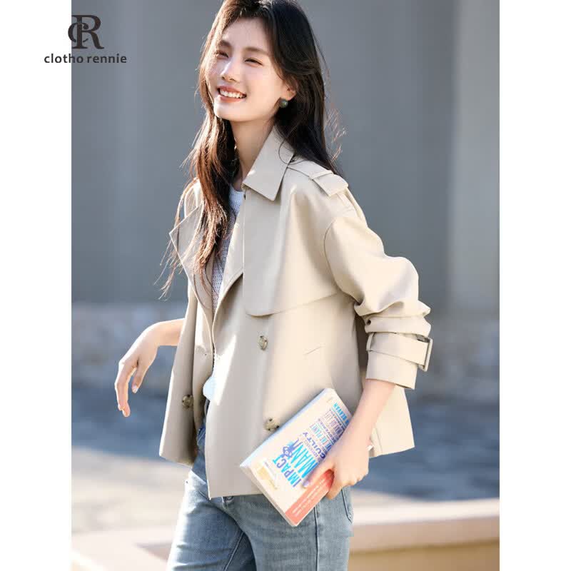 clotho Rennie品牌女装短款风衣外套女2026春秋新款韩版休闲百搭小个子气质大衣 浅卡其色 M 100-115斤