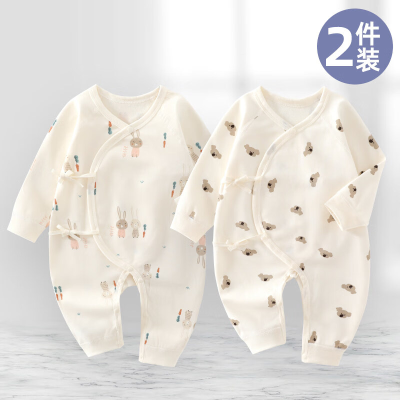 英氏（YEEHOO）新生儿衣服婴儿连身衣纯棉初生宝宝哈衣爬服长袖系带春秋款两件装 长耳兔+小考拉 52cm