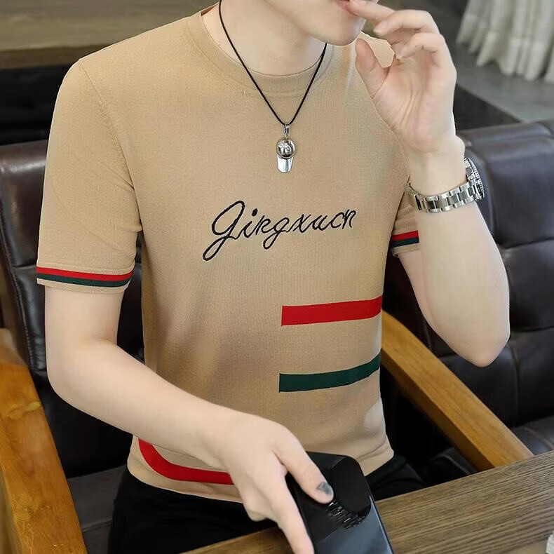 【轻奢潮流】短袖t恤男2026夏季新款半高领修身薄款半袖体恤衫 卡其色 4XL 【建议165-180斤