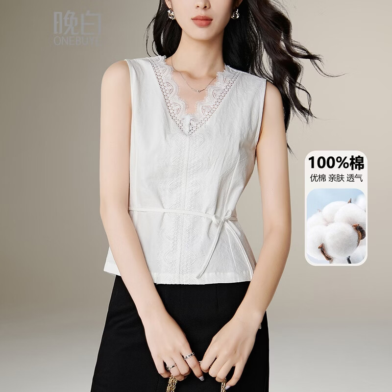 晚白【新品】2026年春款时尚蕾丝花边V领上衣全棉亲肤柔软无袖衬衫女 白色 S