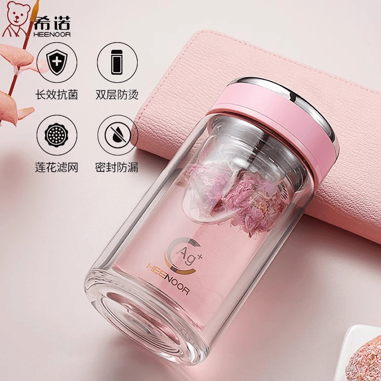 希诺（heenoor）玻璃杯女士双层隔热清新便携车载礼盒休闲简约家用带滤网花茶水杯 Ag+：340ML绿色-1953-细长手握舒适