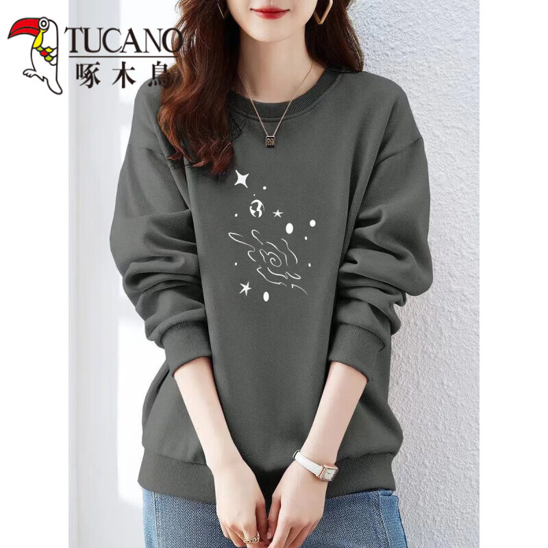 啄木鸟（TUCANO）2026新款圆领纯.棉卫衣女宽松百搭简约春秋 白星空-藏蓝色【不加绒】 S 【建议70-100斤】