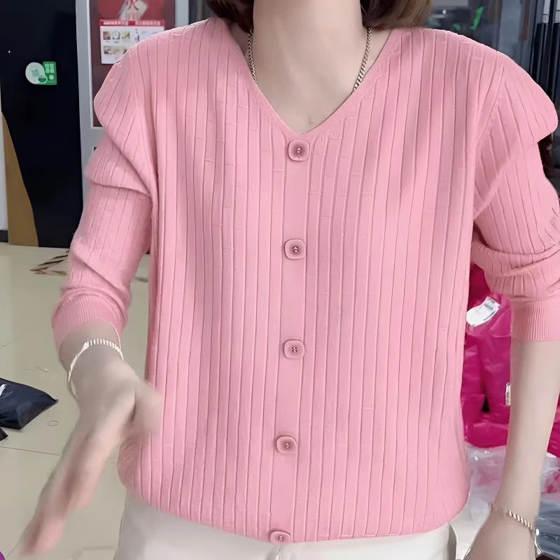 【爆款热卖】春季新款时尚V领薄款针织衫女洋气减龄漂亮上衣百搭 粉色 XL （140-160斤）
