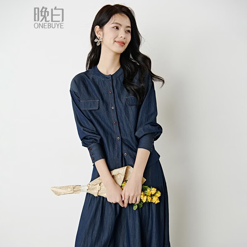 晚白2026年春款文艺复古丹宁蓝一衣多穿牛仔上衣系带收腰显瘦衬衫 丹宁兰 L