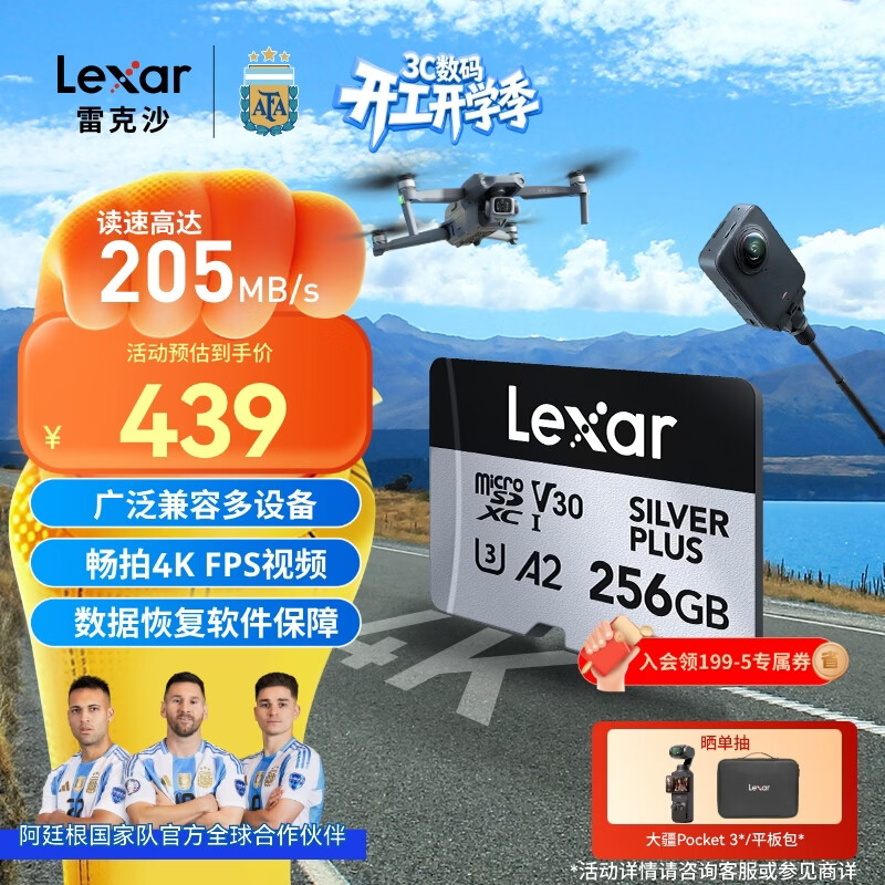 雷克沙（Lexar）256GB TF（MicroSD）存储卡 V30 4K 读205MB/s 无人机运动相机游戏机内存卡（SILVER PLUS）