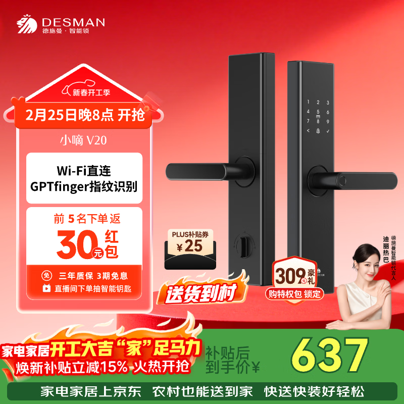 德施曼（DESMAN）智能门锁家用防盗锁指纹密码识别小嘀V20