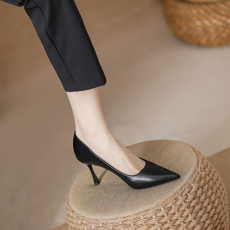 百丽踏职业黑色高跟鞋女细跟26新款软皮上班尖头工作鞋法式气质单鞋 黑色【皮面】 5cm 36