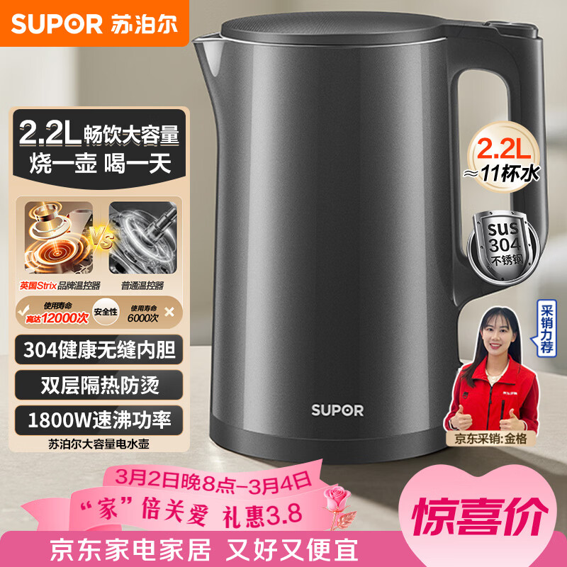苏泊尔（SUPOR）热水壶烧水壶电水壶 2.2L大容量 全钢无缝 双层防烫电热水壶 304不锈钢 1800W大功率 SW-22J05A