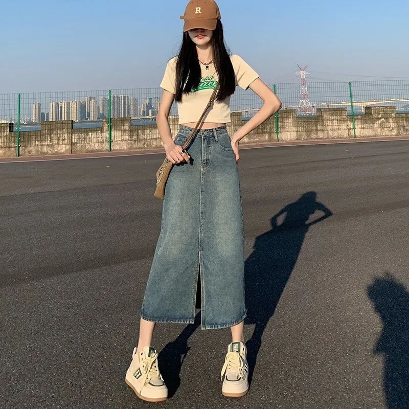 CronetKcnsy2026春秋款复古开叉牛仔半身裙女宽松显瘦高腰中长款百搭a字裙子 2-22复古蓝 L 推荐105-115斤