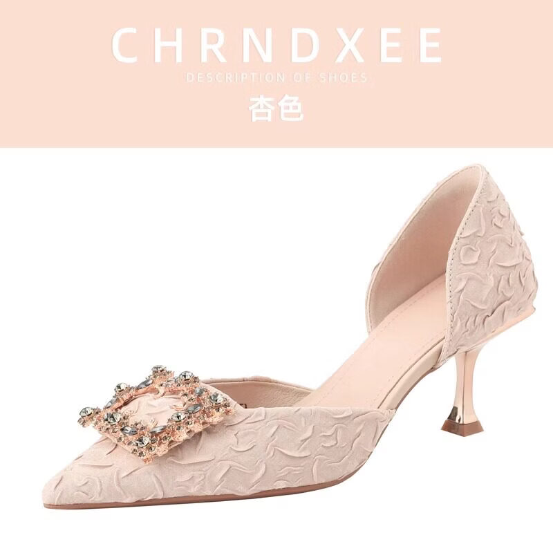 气质百搭高跟鞋女春秋水钻尖头细跟伴娘鞋日常单鞋 杏色 35