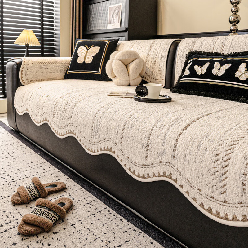 浪莎(LangSha)新款休闲轻奢半边绒沙发垫防尘防滑一片式直排沙发坐垫异形斑斓 异形斑斓-咖色 120cm*180cm 开叉贵妃