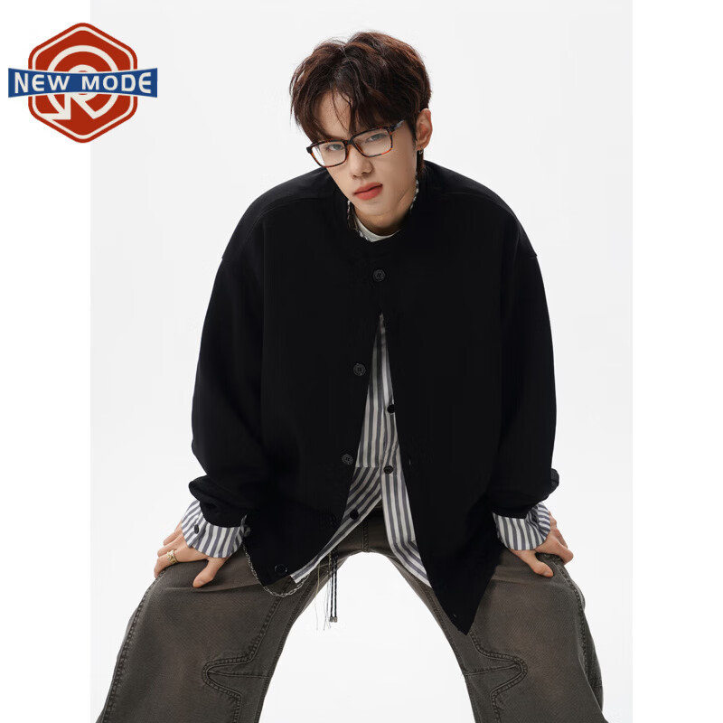 NEW OR MODE美式条纹假两件衬衫男春秋复古宽松大码卫衣休闲百搭立领运动外套 黑色【高品质】 M 【建议90-110斤】