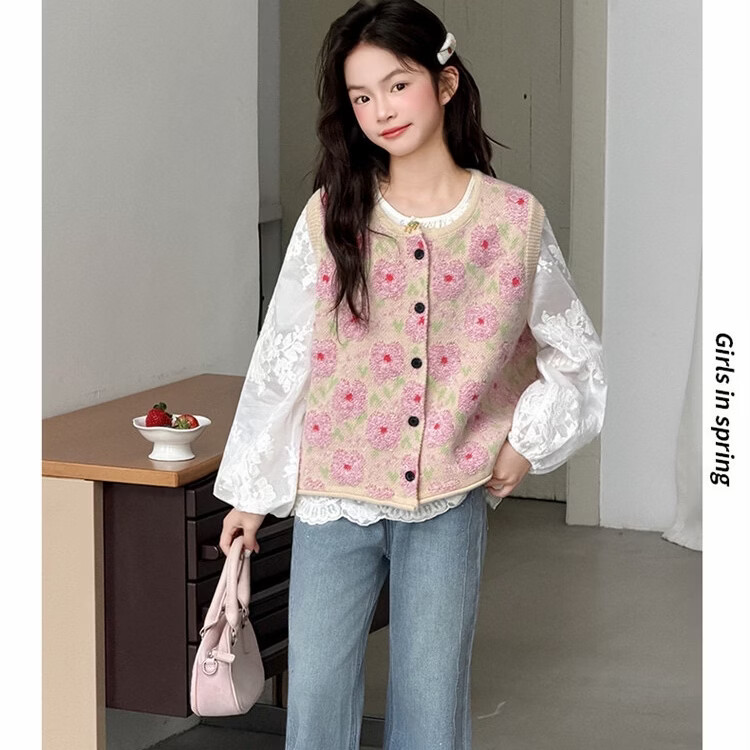 女童毛衣开衫春秋季新款儿童针织马甲两件套 粉色 马甲加衬衫 170