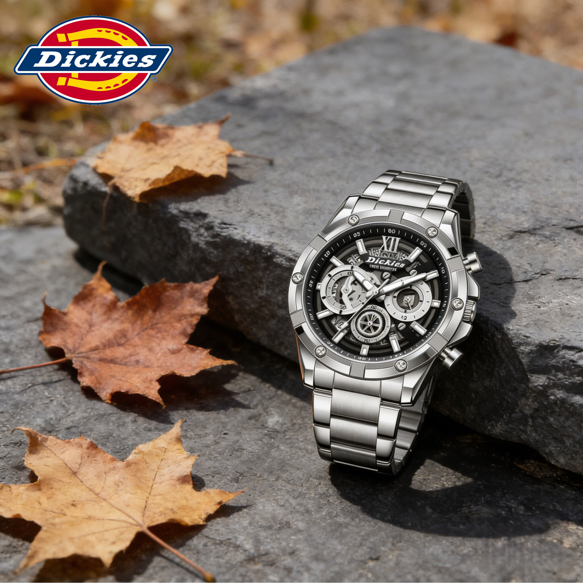 Dickies手表男士商务石英表学生三眼多功能高中时尚潮流男生机械风腕表 黑表盘