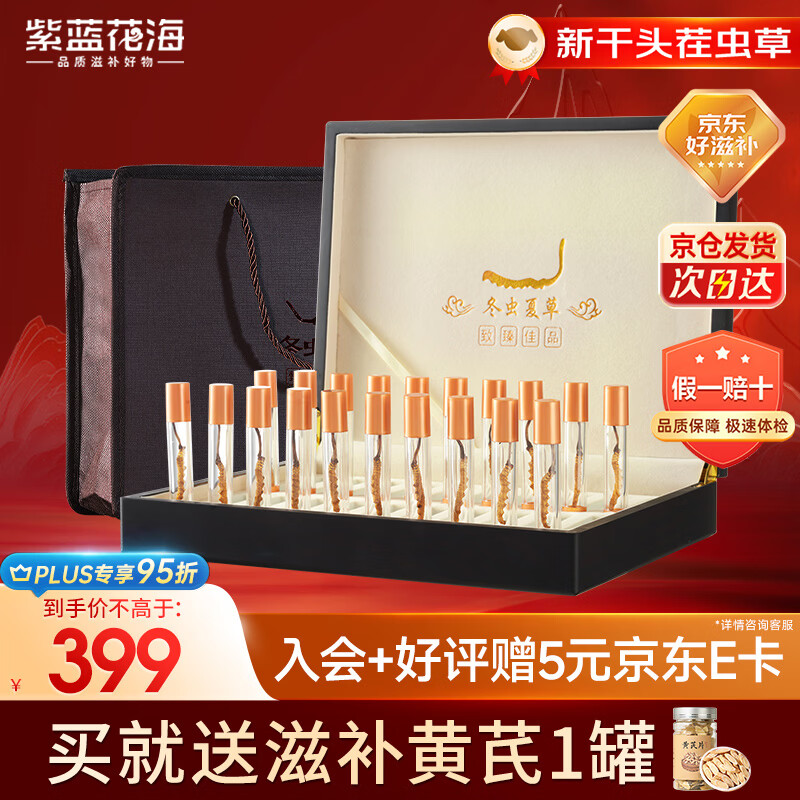 紫蓝花海冬虫夏草 4-5根/g20根冬虫草高海拔新干虫草滋补品【健康礼盒】