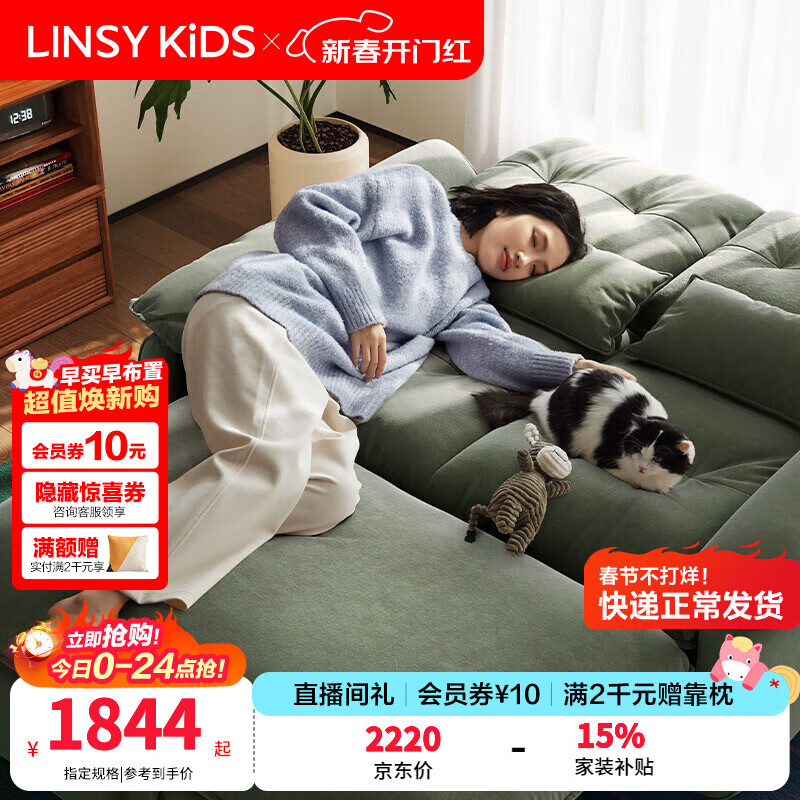 LINSY KIDS林氏家居猫抓布艺沙发客厅新款小户型可拆洗沙发床一体两用G064 (5)【可躺沙发床|12防猫抓布|可拆洗】1.55米|墨绒绿