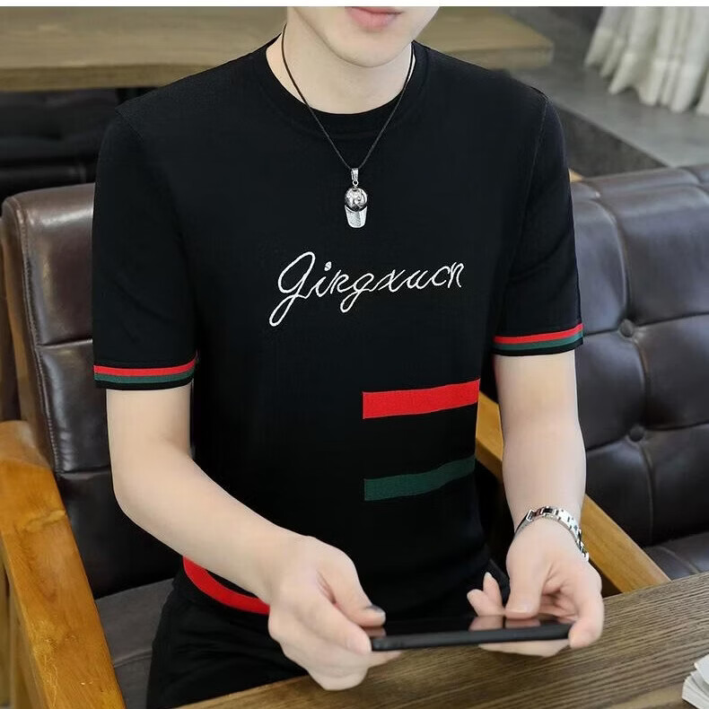 【轻奢潮流】短袖t恤男2026夏季新款半高领修身薄款半袖体恤衫 黑色 4XL 【建议165-180斤