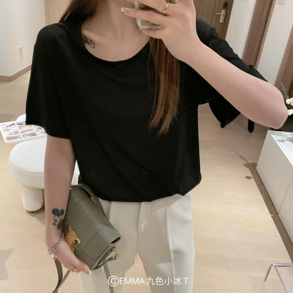 有只绵短袖T恤女宽松夏季女装新款纯色打底体恤冰感百搭小T恤 黑色 均码 【80-135斤】