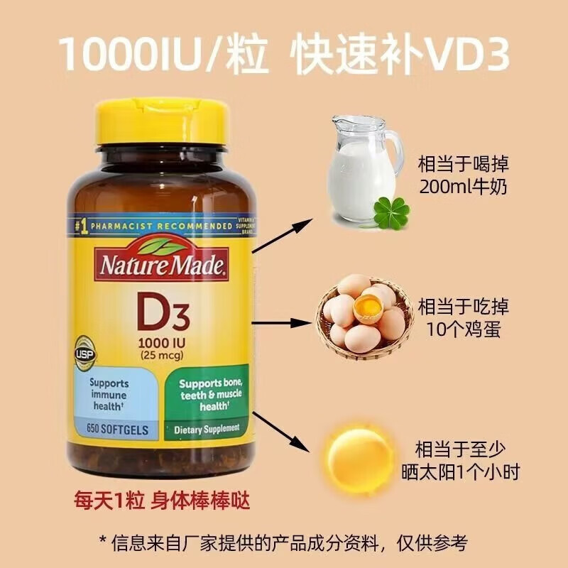 天维美维生素d3软胶囊1000IU 美国原装进口维生素d 成人儿童孕妇中老年 维生素D3（共650粒） 650粒*1瓶