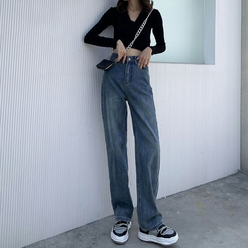 蝴蝶曼复古直筒牛仔裤女2026夏季宽松高腰显瘦百搭休闲长裤子 蓝色 L