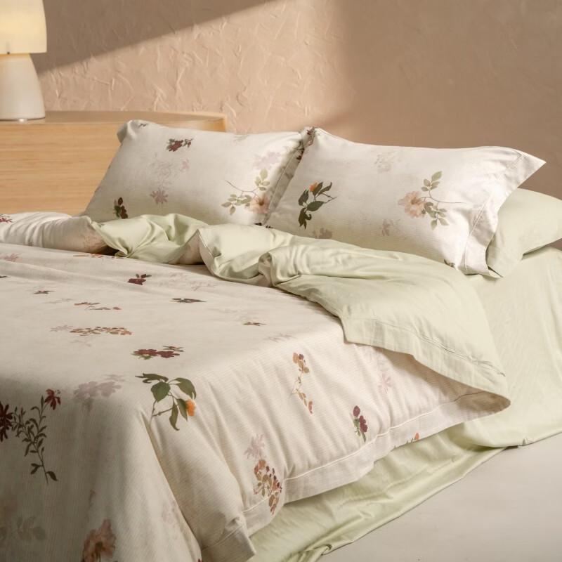 ROLAND LIVE春夏透气全棉双层纱四件套春日印花被套1.8m床床单床笠款床上用品 YYG 全棉四件套-春日池影 1.5米床 床单款 【被套200*230cm】