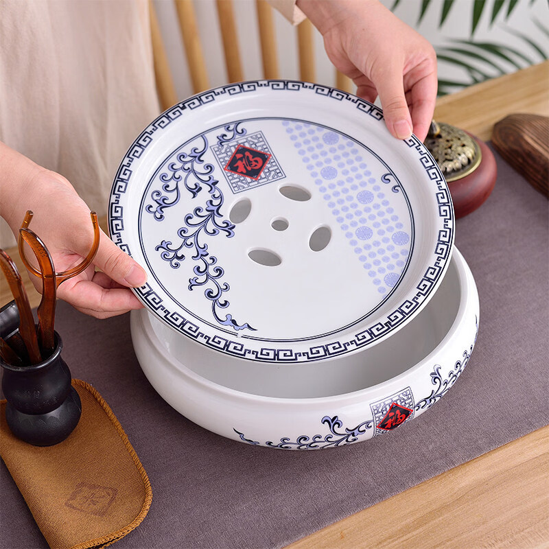 陶瓷茶盘托盘圆形家用宜兴茶台潮汕功夫茶具储水小型白瓷茶盘茶托 10英寸五福临门套装