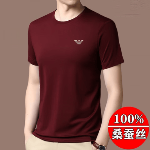 GABBANIE阿玛尼意大利正品男士短袖t恤夏季新款桑蚕丝薄款半袖男圆领冰 丝 国际一线品牌酒红圆领短袖 L 170_ 京东折扣/优惠券