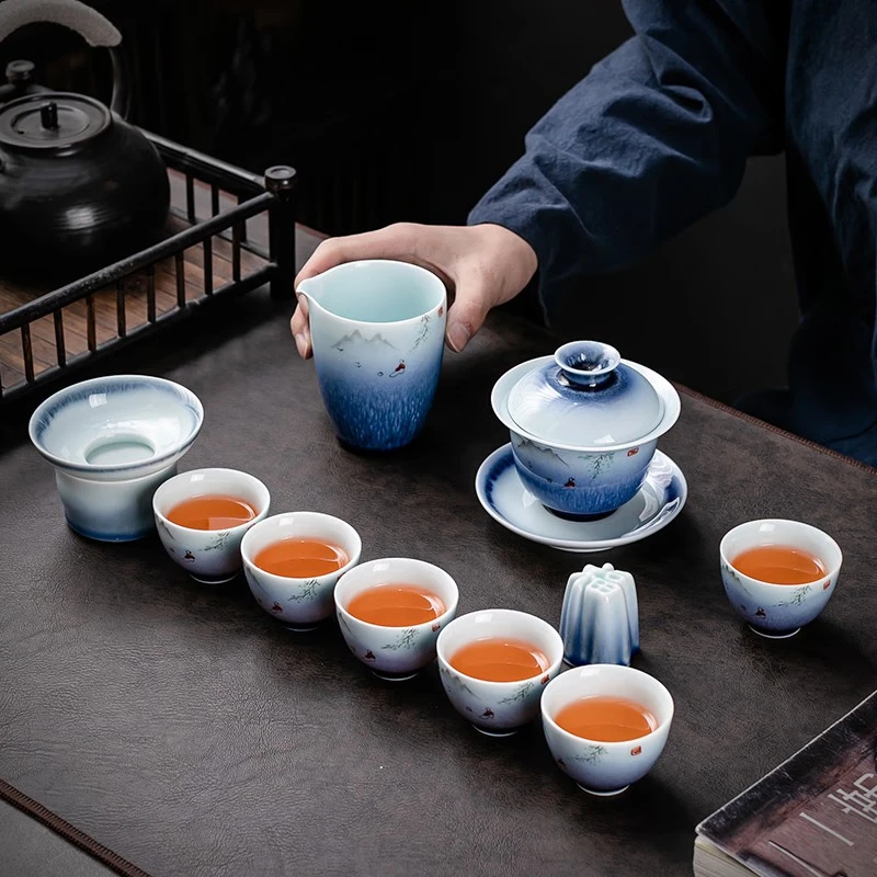 京峰阁 茶具套装 景德镇陶瓷手绘划船茶壶整套高档轻奢家用办公商务礼品 手绘划船皮盒套装 6人饮 11件