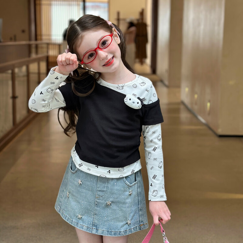 栀了成长记童装女童韩版时髦印花上衣2026春季儿童假两件长袖T恤 蓝色 半身裙 130 cm