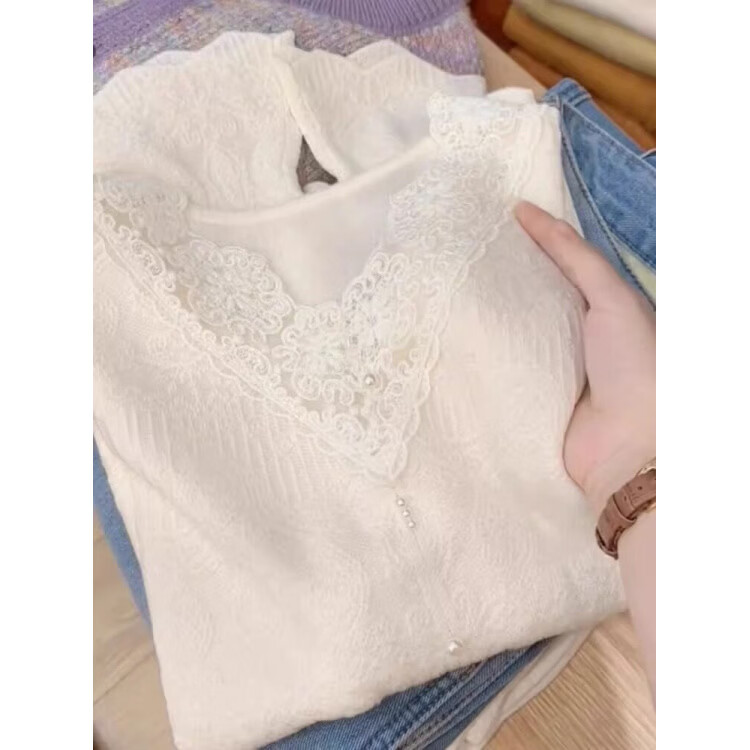 GOYN2026春季新款法式温柔风洋气减龄蕾丝v领打底衫内搭别致独特上衣 米杏色 XL 【建议130-145斤】