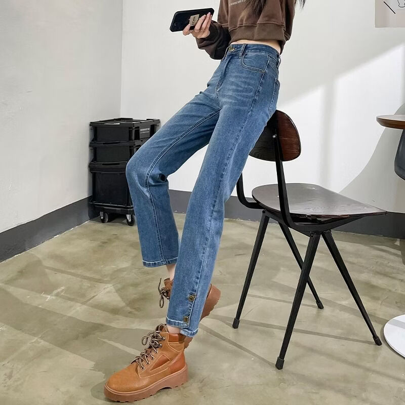 燠阳高腰开叉直筒牛仔裤女夏季薄款2025年新款宽松显瘦小个子烟管裤子 2044复古蓝 L 【105-115斤】