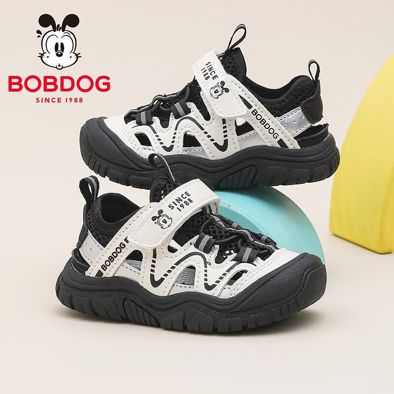 巴布豆（BOBDOG）童鞋男童夏季凉鞋小童包头沙滩鞋百搭儿童学步鞋104362017黑/米26