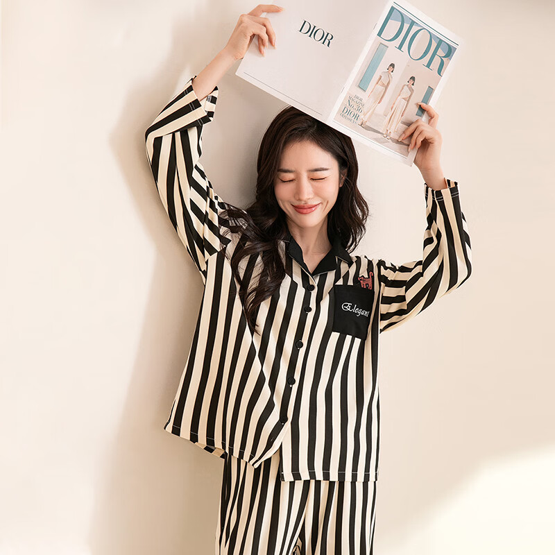 芬腾可安（FENTENGCARE）睡衣女【100%纯棉】秋冬复古条纹翻领开衫家居服女士睡衣套装 黑条 L