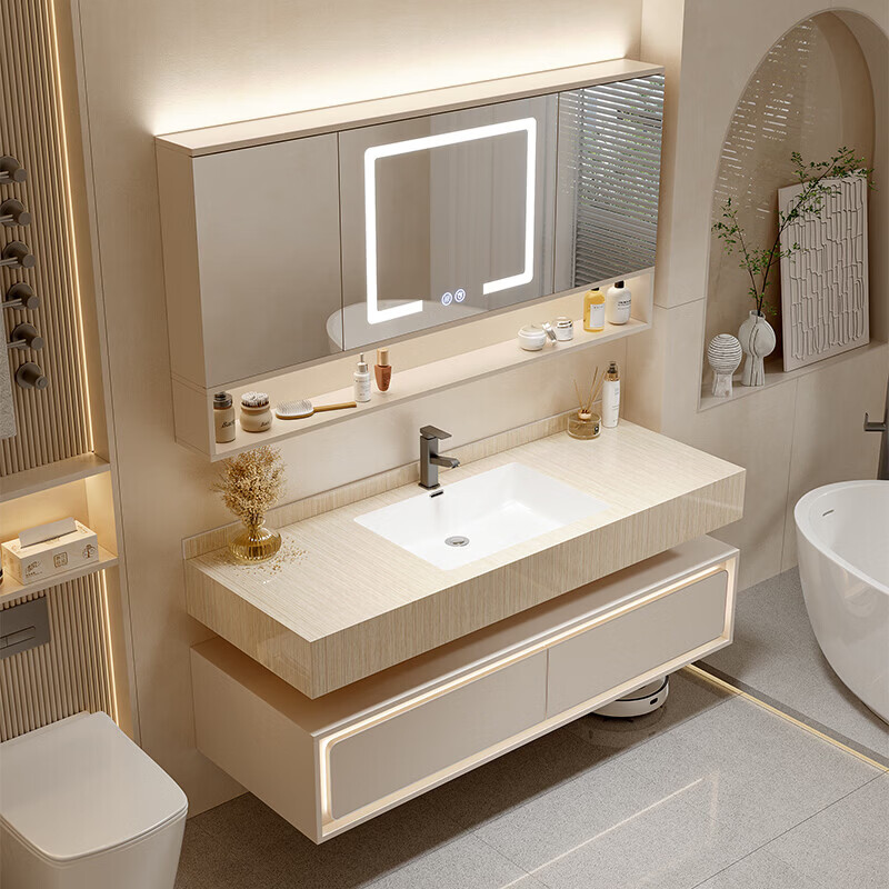 帝王潔具酒店風(fēng)巖板無縫一體盆浴室柜 衛(wèi)生間洗臉洗手洗漱臺盆衛(wèi)浴柜組合 1.0米折疊半開放智能鏡柜/巖板無縫盆/柜體帶燈